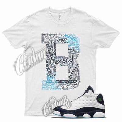 White BLESSED T Shirt for J1 13 Obsidian Powder Blue Carolina Navy UNC Chill