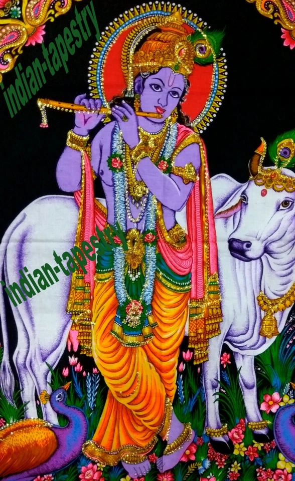 Hindu Lord Krishna Sequin Work Poster Tapestry Wall hanging God Throw Cow Decor - Image 2 of 2