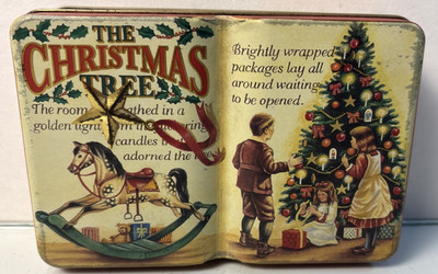 Vintage Christmas Tree Book Tin Silver Crane 1995 Holiday Storage Box