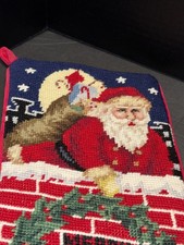 Vintage WOOL NEEDLEPOINT And Petite Point Christmas STOCKING Santa In A Chimney