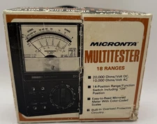Vtg Micronta 18-Range Multitester Cat. No. 22-201U 20,000 OHMS/Volt DC W/Box