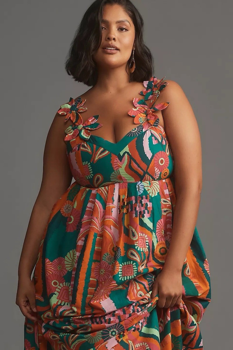farm rio pleated palm midi dress Farm Rio Linen Palm Tree Midi Dress With Halter Neckline And Cutout Detail  - Green
