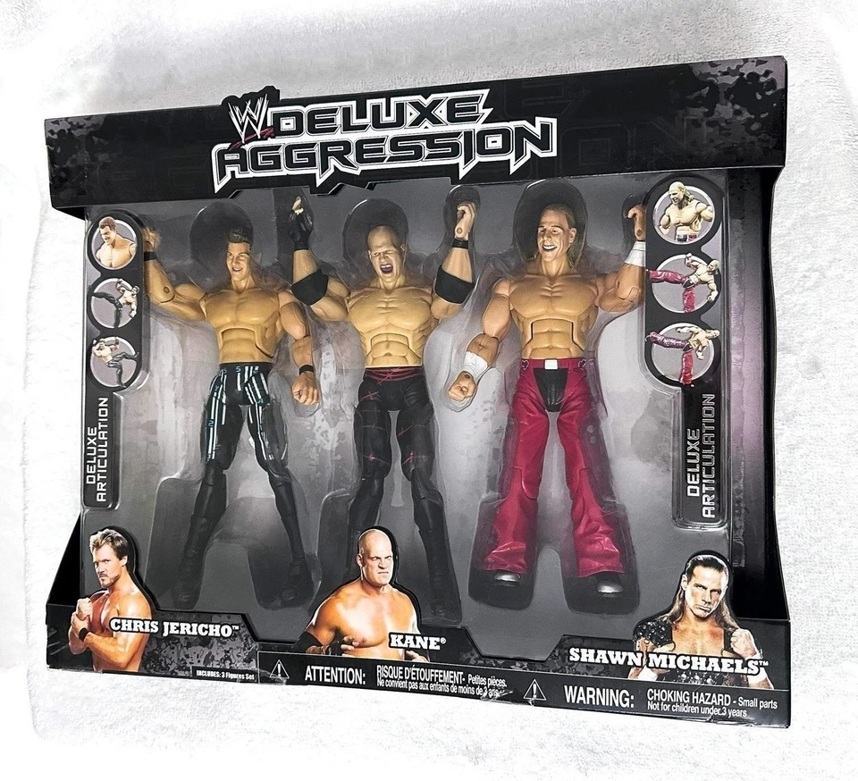 PACK DE 3 WWE DELUXE AGRESIÓN CHRIS JERICHO KANE SHAWN MICHAELS SIN USAR, EN CAJA/SELLADO/RARO Foto 4 de 4