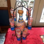 Orange & Blue Painted Mexican Decanter Shot/Tequila Set w/6  Glasses Metal Stand