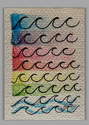 ACEO original painting art card watercolor, Mixed Media Rainbow Colored Waves