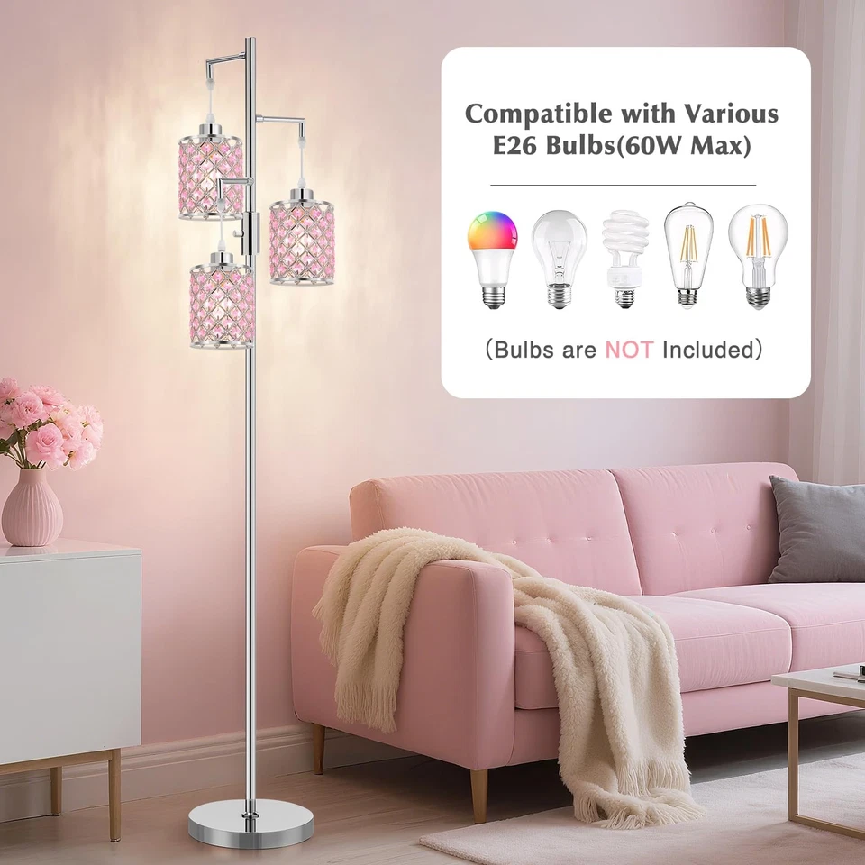 Pink Crystal Floor Lamp, 3-Light Standing Tall Lamp with Sparkling K9 Crystal... - Image 4 of 4