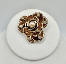 VTG Signed Coro Gold Tone Rose Flower Brooch Rhinestones Estate Sale HTF Read