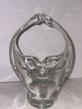 VTG Glass Basket Murano Style Freeform Art Clear Hand Blown/Pulled Split Handle