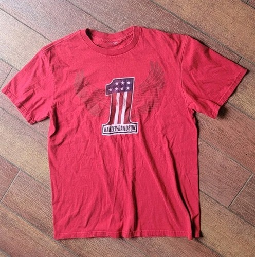 Harley Davidson “1” Flag Short Sleeve Graphic Shirt Size Large Red GA American - Picture 2 of 7
