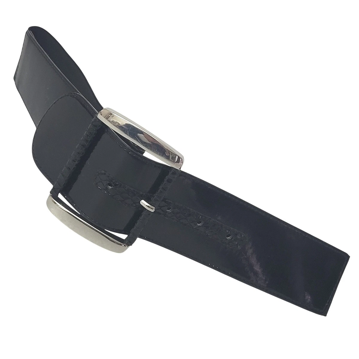 WHBM Black Belt Glass Pearl Buckle 1.5” Wide Contour Glossy Embossed Leather L White House Black Market Women main image 2