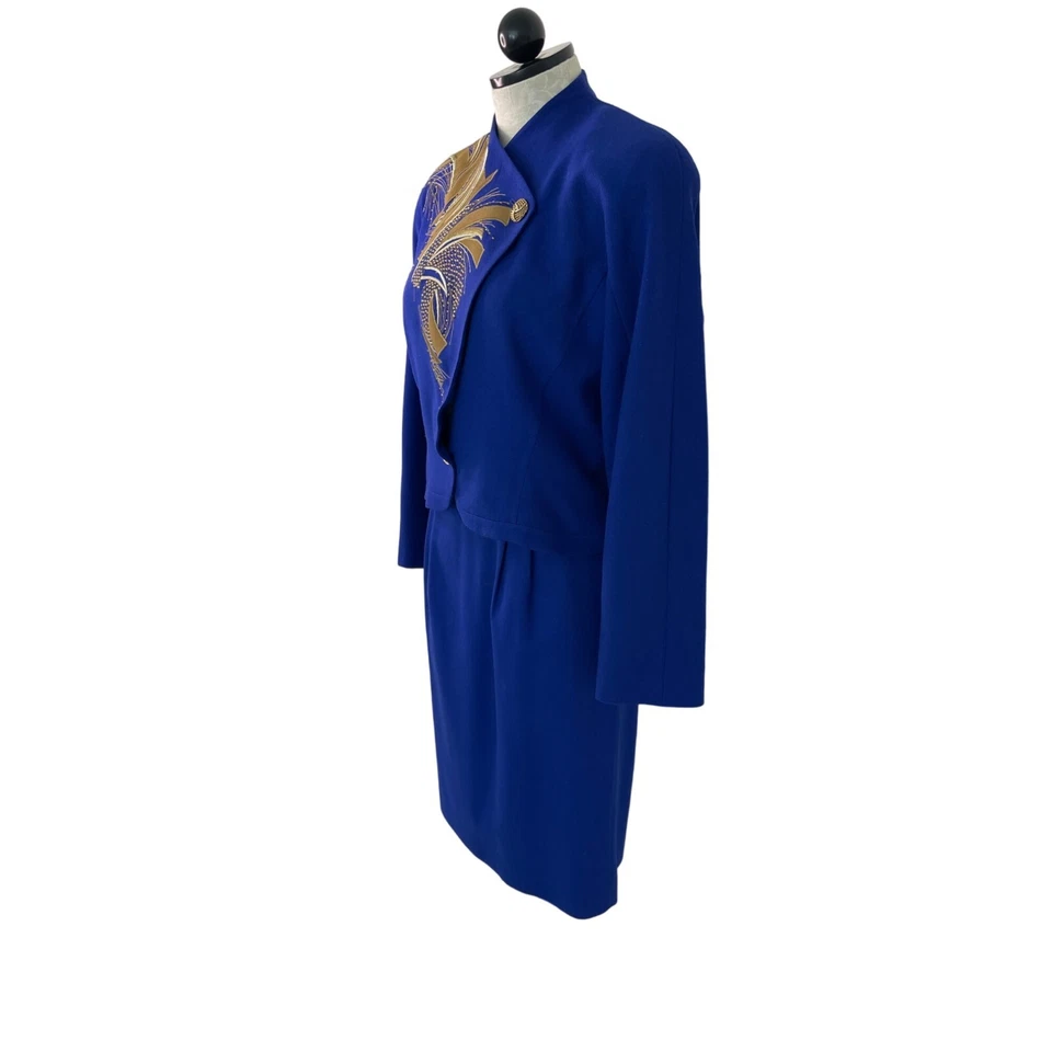 Traje Falda Cache Mujer Vintage Talla 4 Azul Lana Pura Por Joseph Ho Apliques Foto 2 de 4