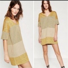 Zara WB Collection Yellow Quilted Thick Boxy Mini Shirt Dress Short Sleeve Med