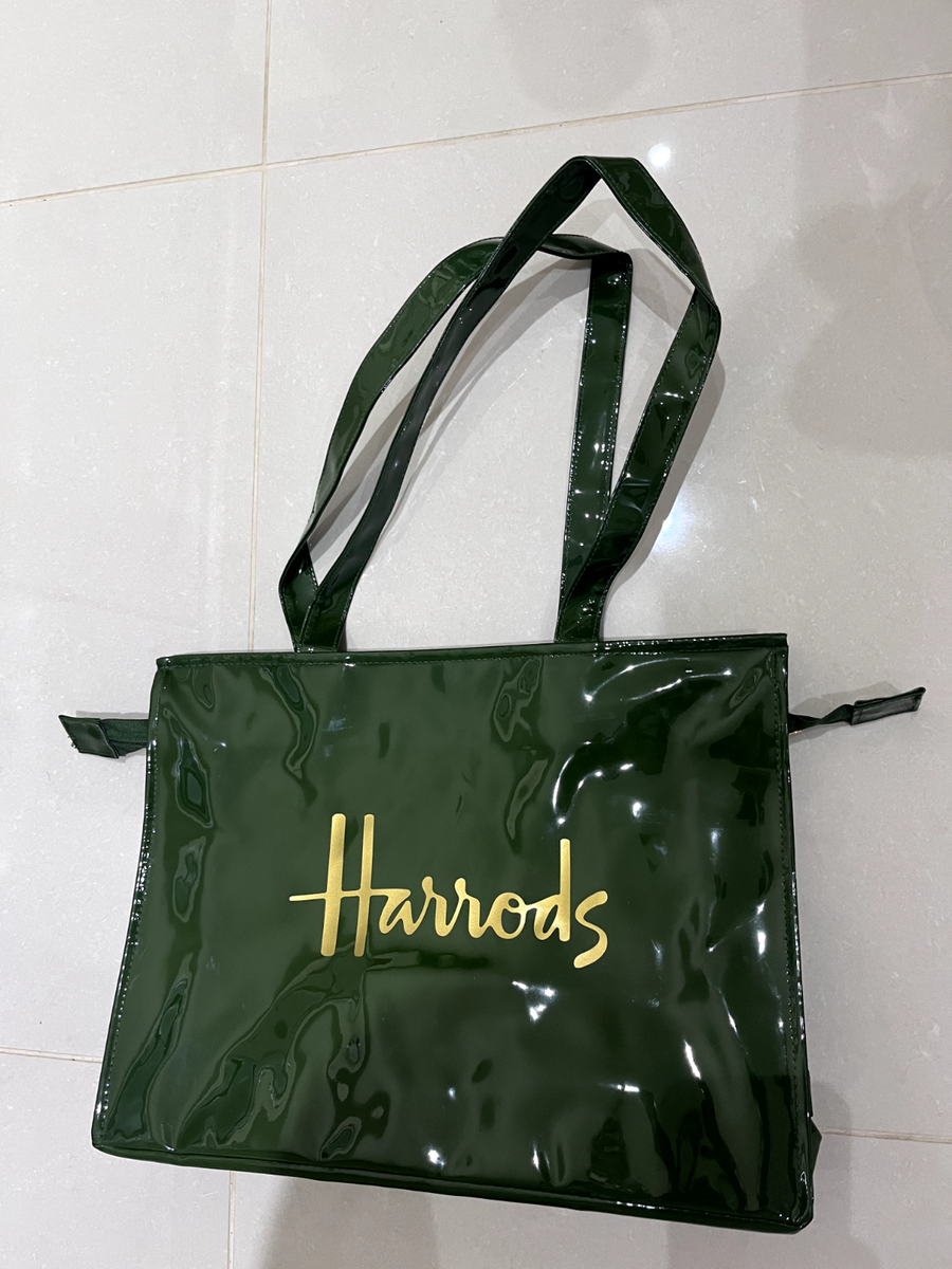 green harrods patent tote shopper shopping bag used only once – 40 x 31cm x  10cm