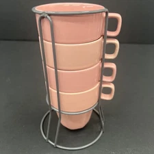 Pier 1 Stoneware Stackable Coffee Mug Cup with Metal Stand Set Of 4 Pink 6 Ounce