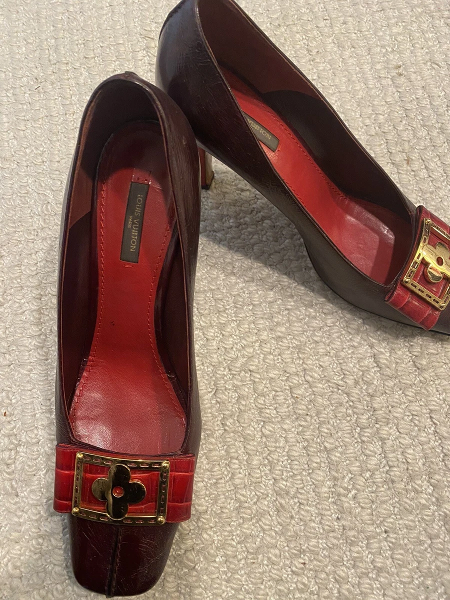 LOUIS VUITTON Red Shoes Size 41 Leather FLEUR Buckle Square Toe Heel  Authentic