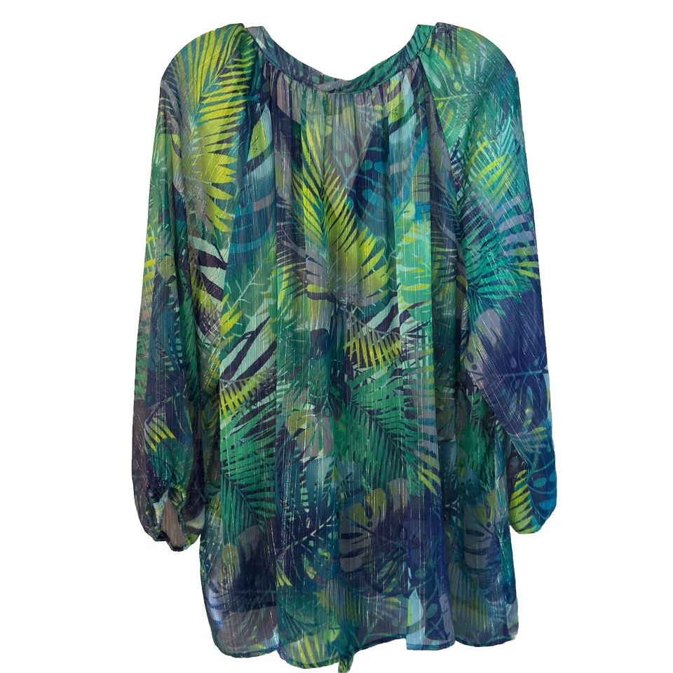 Camiseta de corbata JACLYN SMITH talla 3X hojas de palma volantes transparentes manga 3/4 abotonada Foto 4 de 4