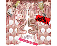 25th Birthday Rose Gold Decorations - 40" Number Balloons, Foil Curtains  More