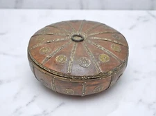 Vintage Wooden Round Kum Kum Powder Tika Box Original Old Hand Carved Brass Fitt
