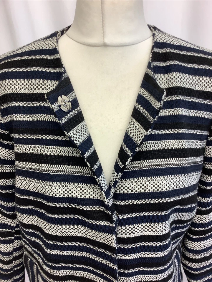 Ladies Gallery Black Blue White Horizontal Stripe Coat Jacket BNWT Size UK 10 - Image 2 of 4