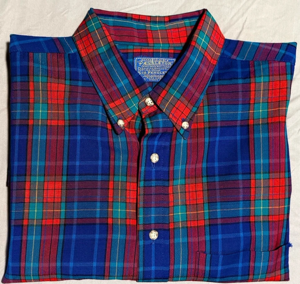Mens Pendleton 100% Wool LS Shirt XL  Red Blue Multi-color Plaid Button-down - Image 2 of 4