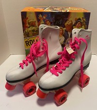 Vintage 80's Womens Roller Derby Rollers White & Neon Pink Quad Skates 9 Box NEW