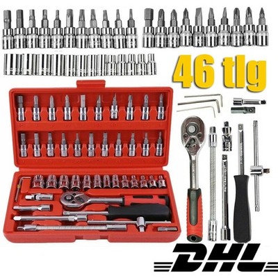 46 tlg Steckschlüssel Satz Set 1/4'' Knarrenkasten Ratschenkasten Nusssätze Tool