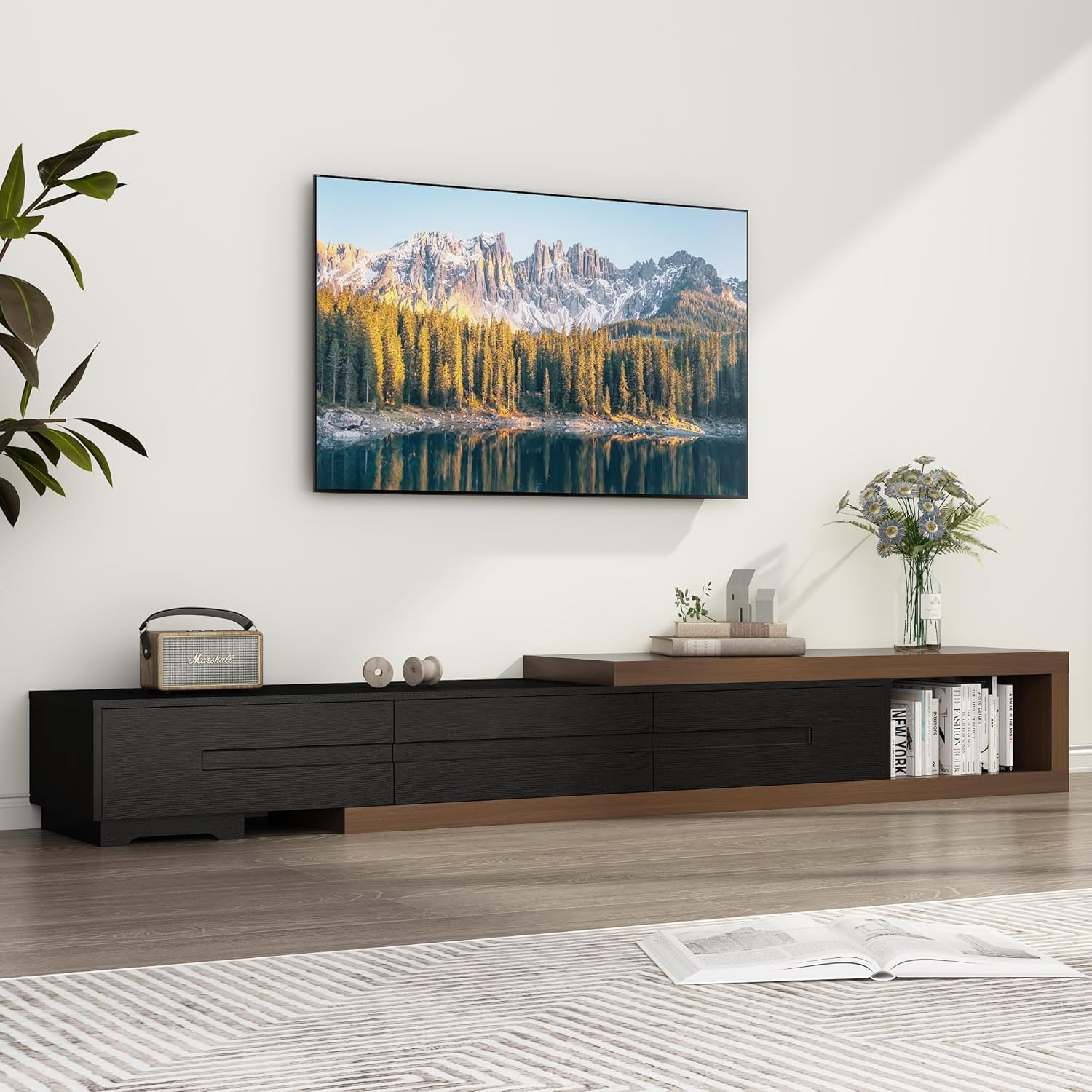 Extendable TV Stand, Modern Entertainment Center for up to 120 Inch TV, Wood Rev