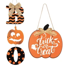 Halloween Decoration Pumpkin Boo Wooden Door Wall Hanging Sign Gift 2 Pieces