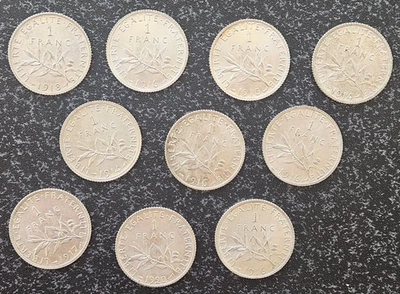 FRANCE - FRANCIA - LOT DE 10 MONNAIES DE 1 FRANC SEMEUSE ARGENT . REF:P. - Photo 1/2