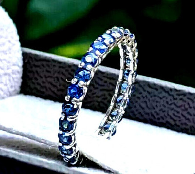 14k White Gold Finish Eternity Women's Engagement Band 2Ct Created Blue Sapphire