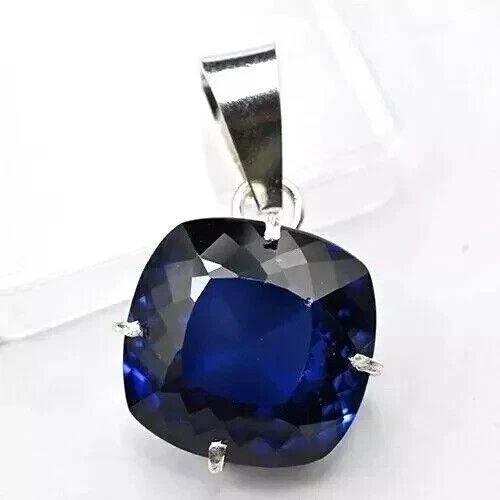 Ciondolo in argento massiccio 925 zaffiro blu taglio cuscino naturale 34 ct - Immagine 4 di 4
