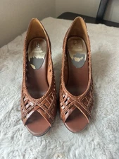 B Bakers Women's High Heel Shoes Size 7.5 Brown Leather Open Toe Slip On Heels