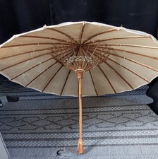 Vintage Asian Style Linen Bamboo Parasol Umbrella, White/Tan