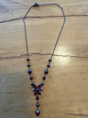 Vintage-Inspired Dark Metal Necklace with Deep Red Faceted Beads