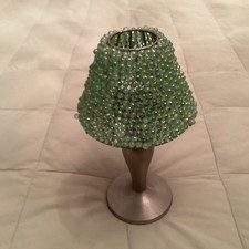Tea Lamp Silver Tone Brushed Metal Green Glas...