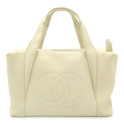 CHANEL V-stitch Coco Mark Handbag Tote Bag Leather Ivory White GZl1i4ry