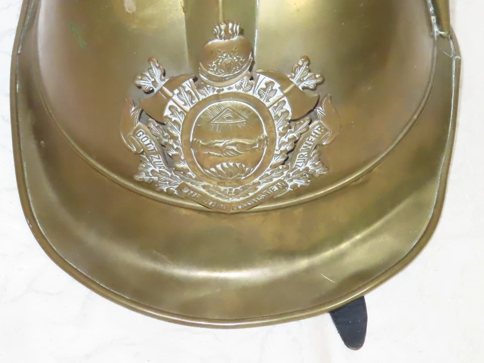 Antichi Ottone Pompieri Casco Con Emblema Bene Württemberg - Immagine 4 di 4