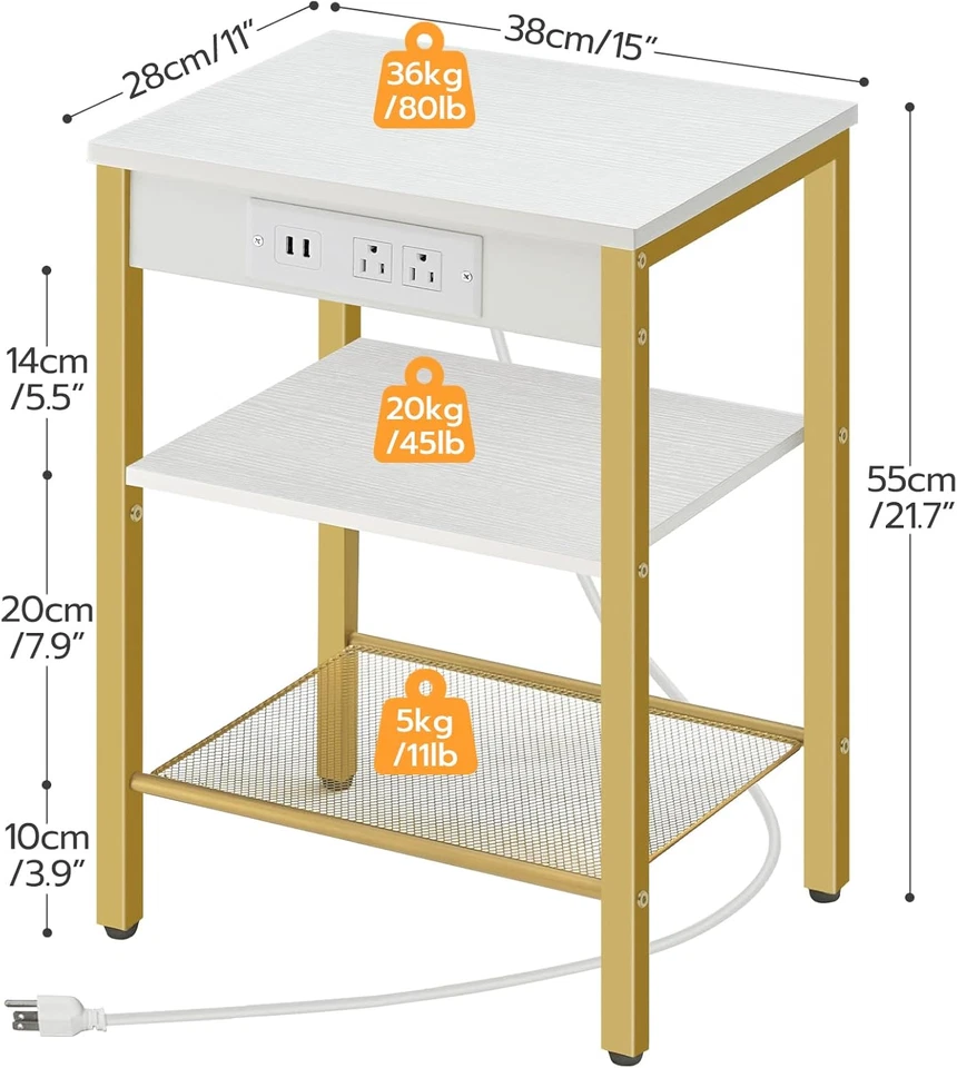 End Tables Set of 2 with Charging Station and USB Ports, 3-Tier Nightstands with - Image 3 of 4