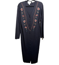 VTG Black Wool Blend Maxi Sweater Dress Embroidered Flowers Buttons Boho M Fairy
