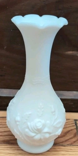Vintage Imperial Milk Glass Bud Vase Embossed Roses Ruffled Fluted Rim 6.25"