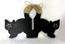 Vintage Whimsical Black Cat Wooden Hanging Plaque 8"