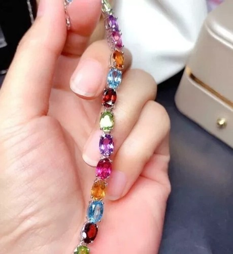 6Ct Oval Lab Created Multi Color Gemstones Tennis Bracelet 14K White Gold Plated - Picture 6 of 7