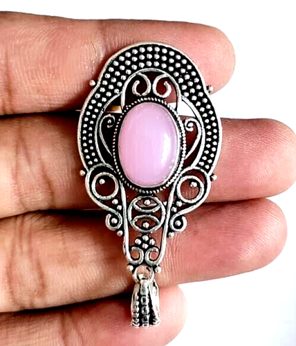 925 Silver Plated Pink Chalcedony Loose Gemstone Oxidized Charm Pendant - Picture 3 of 4
