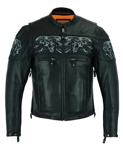 Blouson moto coureur cuir noir homme crânes réfléchissants au dos et devant