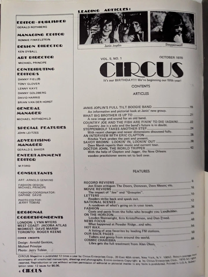 CIRCUS Magazine October 1970 Janis Joplin, Steppenwolf, Dr. John, Eric Clapton - Image 2 of 4