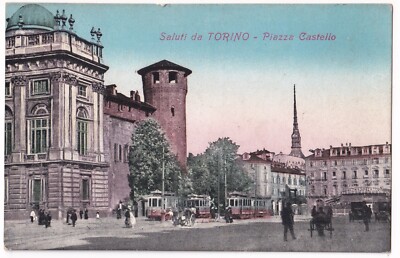 TURIN, Italien um 1910: PIAZZA CASTELLO, STRASSENBAHNEN,  color. Karte, ungel.