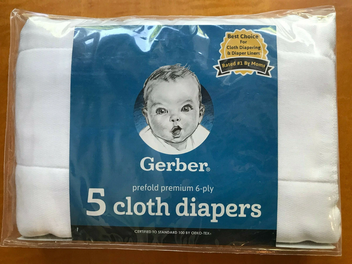 Gerber Prefold Premium 6-Ply Cotton Cloth Diapers, White, 5 Pack