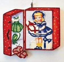 BLONDE DOLL in CASE / TRUNK w CLOTHES * Glitter CHRISTMAS ORNAMENT * Vtg Img