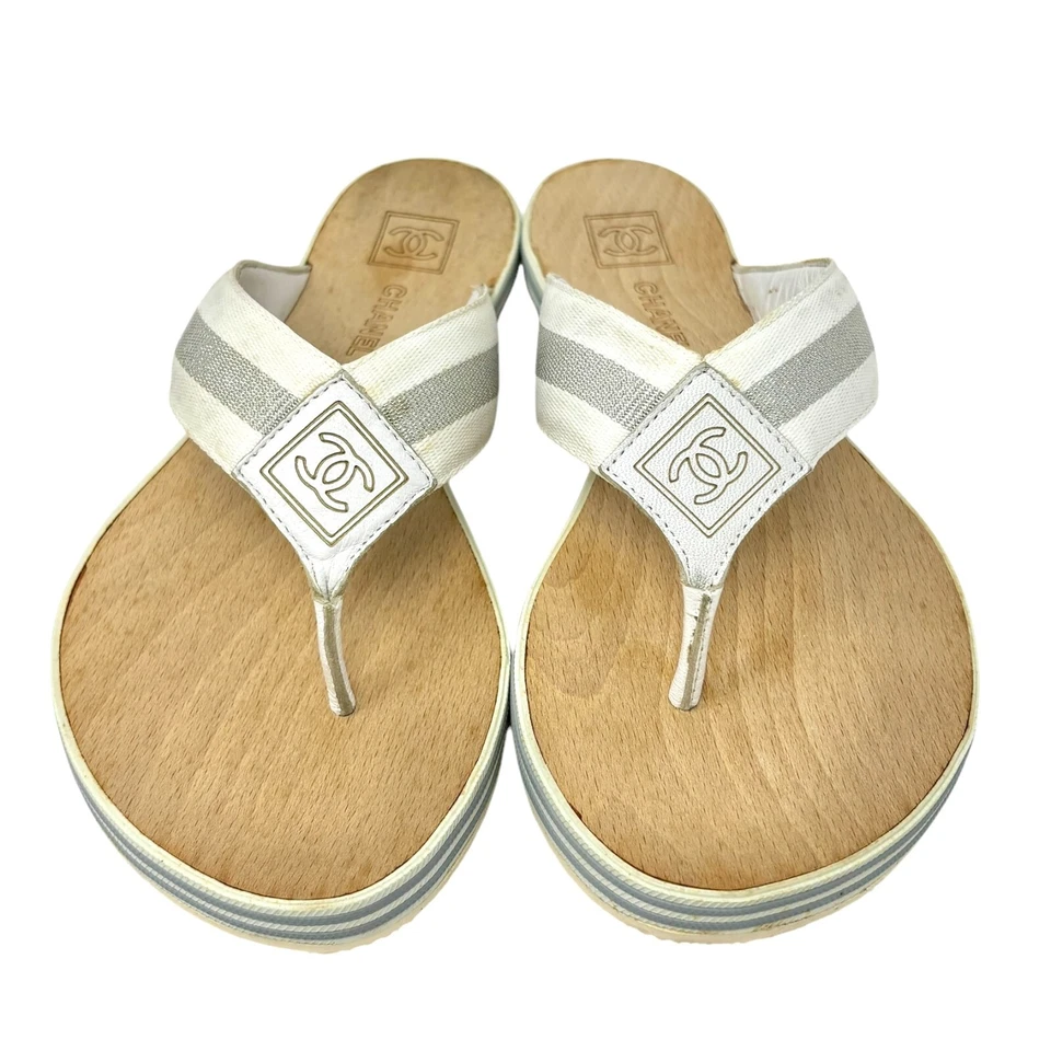 CHANEL Sport винтажный 06C CC логотип стринги сандалии #36 белое серебро дерева резины - Изображение 4 из 4