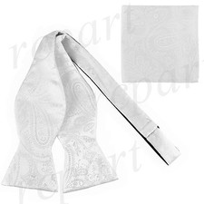 New men's self tie free style bowtie set paisley polyester formal wedding white